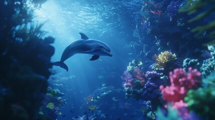 Fototapeta premium Enchanting Encounter: Whimsical Dolphin Pod and Diver in Vibrant Deep Sea World, Ultra-Detailed Exploration of Marine Life