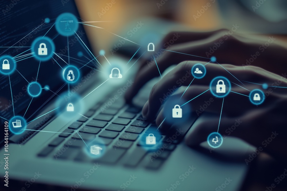 Poster a person using cloud technology on their laptop, with icons of clouds and data connection lines arou