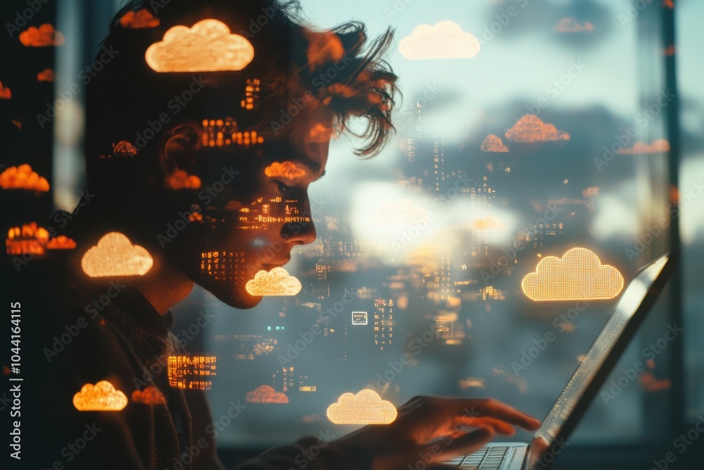Poster a person using cloud computing technology with icons of clouds and a laptop on the screen, symbolizi