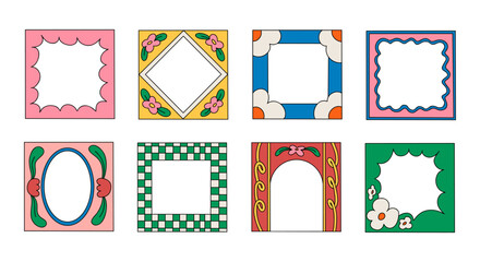 Decorative Frame and Border Design Bundle. A set of 8 unique decorative frames featuring playful, floral, abstract, and retro-inspired designs. Perfect for enhancing photos, invitations, social media