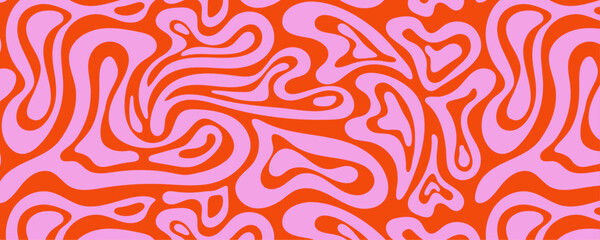 Psychedelic groovy trippy y2k retro seamless pattern in red pink colors. Valentine's day holiday background texture liquid romantic heart shape. Vector illustration 