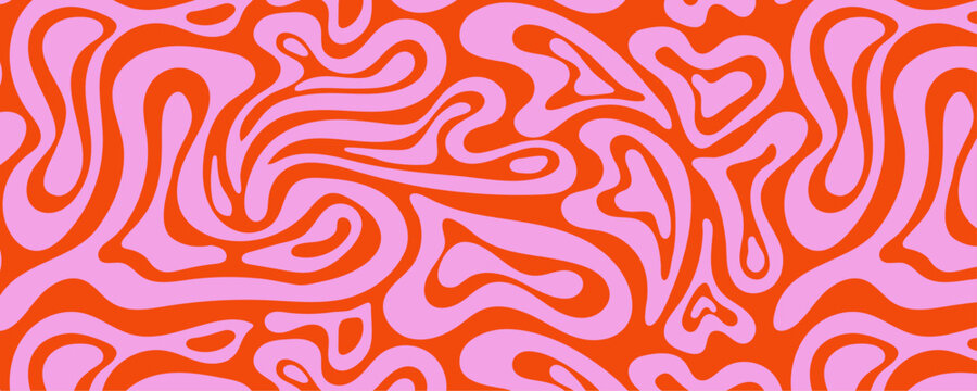 Psychedelic groovy trippy y2k retro seamless pattern in red pink colors. Valentine's day holiday background texture liquid romantic heart shape. Vector illustration 