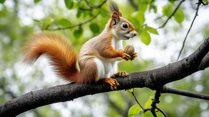 Obraz premium A squirrel is perched on a tree branch in a summer landscape, eating a nut.