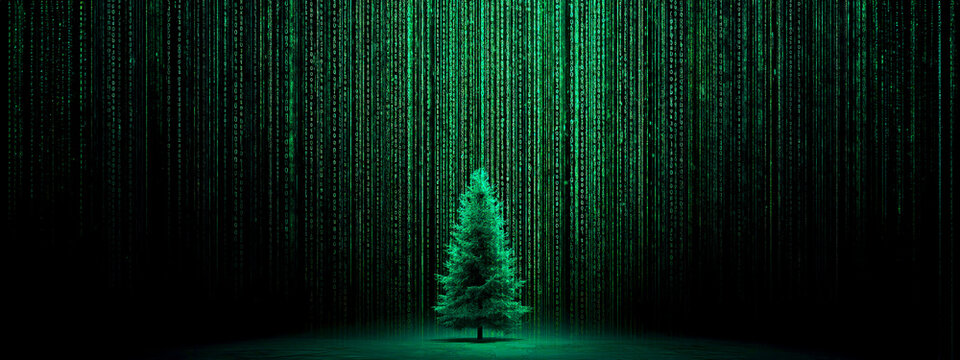 Futuristic digital Christmas tree in matrix-inspired virtual reality environment. neon green binary rainfall	