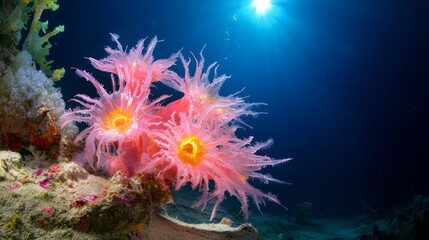Fototapeta premium Deep Sea Wonderland: Stunning Underwater Panorama of Unique Marine Life in a Trench