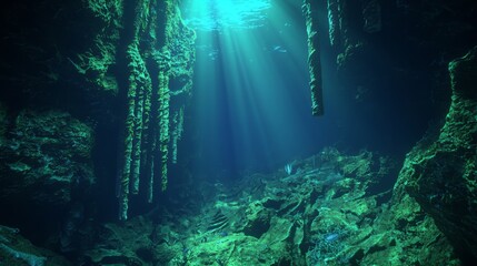 Submerged Wonders: Captivating Deep-Sea Trench Panorama Teeming with Unique Marine Life
