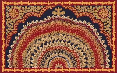 Ornamental rug with intricate floral patterns in red, gold and blue colors.
