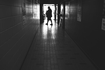 Silhouette in a Dimly Lit Hallway