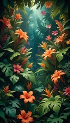 Tropical exotic pattern with animal and flowers in bright colors and lush vegetation