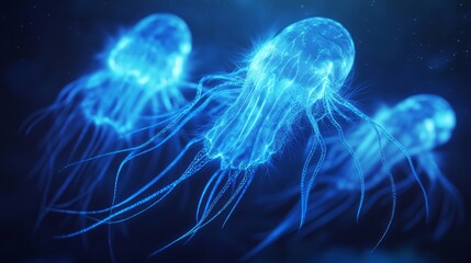 Fototapeta premium Abyssal Bioluminescence - Captivating Underwater World with Glowing Creatures in Dark Seas