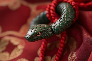 Green wooden snake charm with red eyes is resting on red silk fabric with gold embroidery