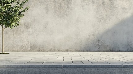 A 3D rendered front view of a raised sidewalk and street section with a plain background wall