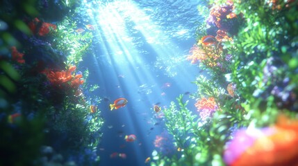 Fototapeta premium Majestic Underwater Wonderland: Vibrant Coral Reef and Exotic Fish in Deep Sea Illuminated by Sun Rays