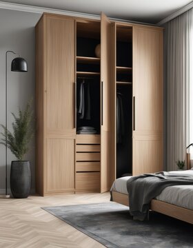 Wooden wardrobe with black wood doors in scandinavian style interior design of modern bedroom 300dpi