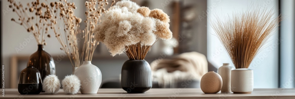Poster Fluffy dried flowers in various vases create a cozy and decorative display on a modern table in a stylish apartment interior. Generative AI