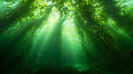 Obraz premium Enchanting Underwater Realm: Towering Kelp Forests and Playful Sea Otters in Deep Sea Ecosystem | Ultra-Detailed Ocean Photography