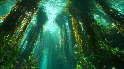 Obraz premium Enchanting Underwater World: Majestic Kelp Forests with Playful Sea Otters in Deep Sea Ecosystem - Ultra-Detailed Ocean Photography