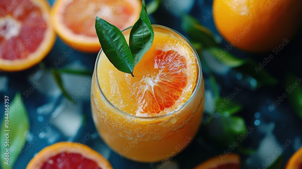 Poster a glass of refreshing orange juice garnished with orange slices and leaves, resting on a table amid 