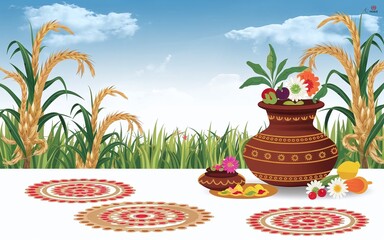 Obraz premium Clay pot with flowers and fruits, rice stalks and rangoli patterns on white background with a blue sky and clouds.