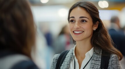 Fototapeta premium A woman smiling and engaging in conversation at a professional event.