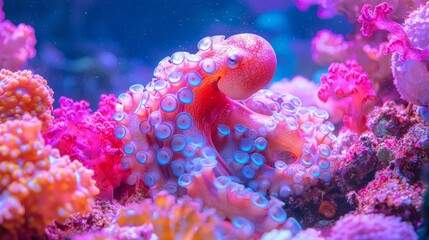 Fototapeta premium Master of Camouflage - Octopus Blending in Among Vibrant Coral in Deep Sea Waters, Showcasing Adaptability and Intelligence