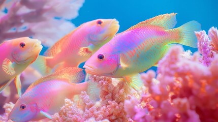 Fototapeta premium Vibrant School of Parrotfish Grazing on Coral in Deep Sea - Ultra-Detailed Underwater Scene with Colorful Marine Life