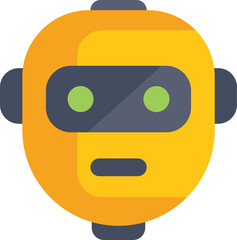 Yellow robot head with green eyes expressing curiosity
