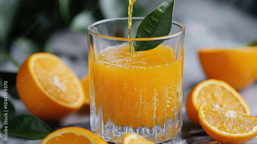 Poster cool and refreshing orange juice is being poured into a glass, with bright orange slices and green l
