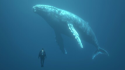 Naklejka premium Exploring the Depths: Diver Swimming with Majestic Humpback Whale in Ultra-Detailed Underwater Scene
