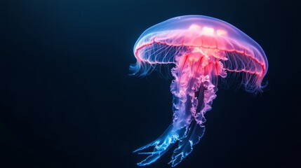 Illuminated Beauty in the Depths - Mesmerizing Deep-Sea Shot of Glowing Jellyfish Drifting in the Dark Ocean