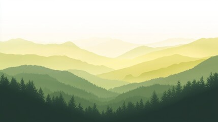 Fototapeta premium This vector illustration shows a mountain landscape with coniferous forests, fading into the distance with a yellow overlay