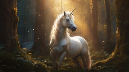A majestic white unicorn stands in a sunlit forest, its horn gleaming in the magical light.