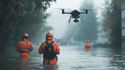 Search and rescue teams in orange safety gear guide people through floodwaters, as a drone hovers above assessing the extent of hurricane damage in the city