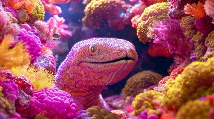Majestic Moray Eel in Vibrant Underwater Habitat Surrounded by Colorful Coral and Fish - Ultra-Detailed Marine Photography