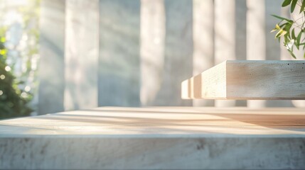 Empty wooden tabletop is displaying product with blurred background of green plant and white curtain for montage your product