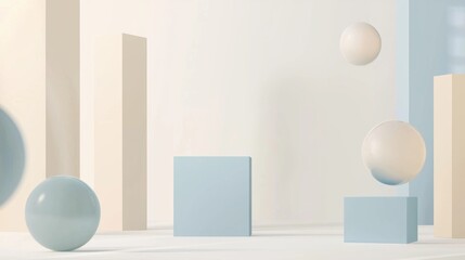 Floating spheres and blocks in pastel tones create a modern, minimalist space. Blue, beige, and white hues add elegance to the futuristic design. Clean platform for product displays