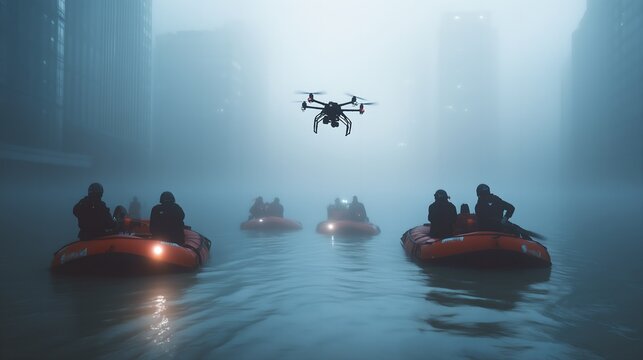Rescue teams in boats pull people from the rooftops of flooded homes in the city, while drones fly overhead assessing tornado damage for relief efforts