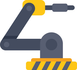 Industrial robot arm manipulator picking up object with hydraulic clamp on factory floor