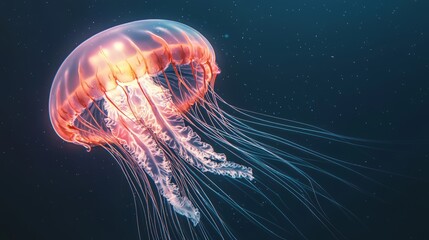Fototapeta premium Illuminated Jellyfish in Enchanting Deep Sea Scene with Ultra-Detailed Luminescence