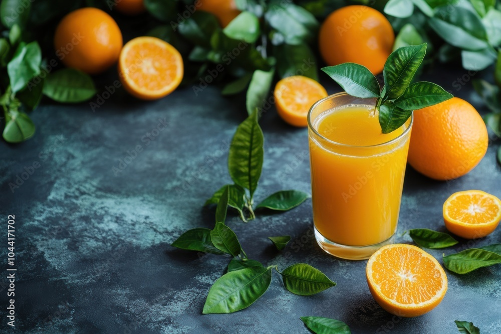 Poster a glass of freshly squeezed orange juice sits next to whole and sliced oranges, complemented by lush