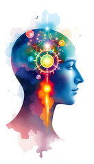 human head chakra body mind mental health healing spiritual imagine yoga breath power peace inspiring energy emotion holistic connected universe abstract art watercolor painting illustration design 