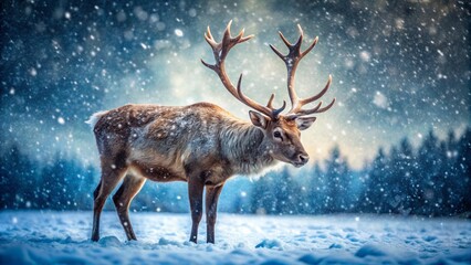A majestic reindeer standing in a snowy forest, surrounded by softly falling snowflakes. The peaceful winter scene evokes the magic of the holiday season and the beauty of nature in the wintertime.