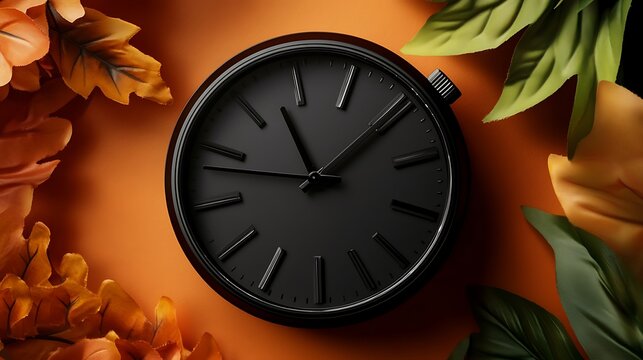 Black clock with fall leaves on an orange background.