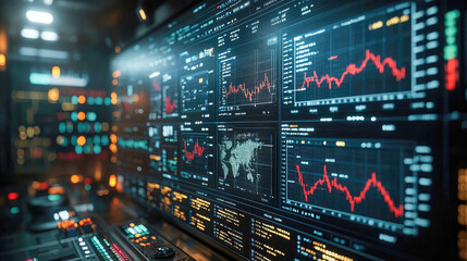 A digital dashboard filled with financial market data, red and green graphs, and statistics, representing trading, analysis, and stock market insights in the global financial world