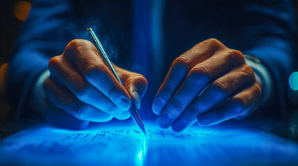 Close-up of hands writing with a blue pen on a glowing surface, symbolizing technology, innovation, and digital contracts. Perfect for themes of business, tech, and modern communication
