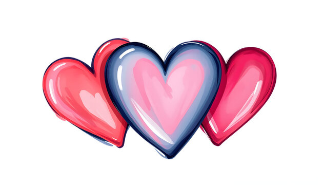 Three hearts intertwined. Valentine's Day swash hand painted with line. Png clipart isolated on transparent background isolated with white highlights, png