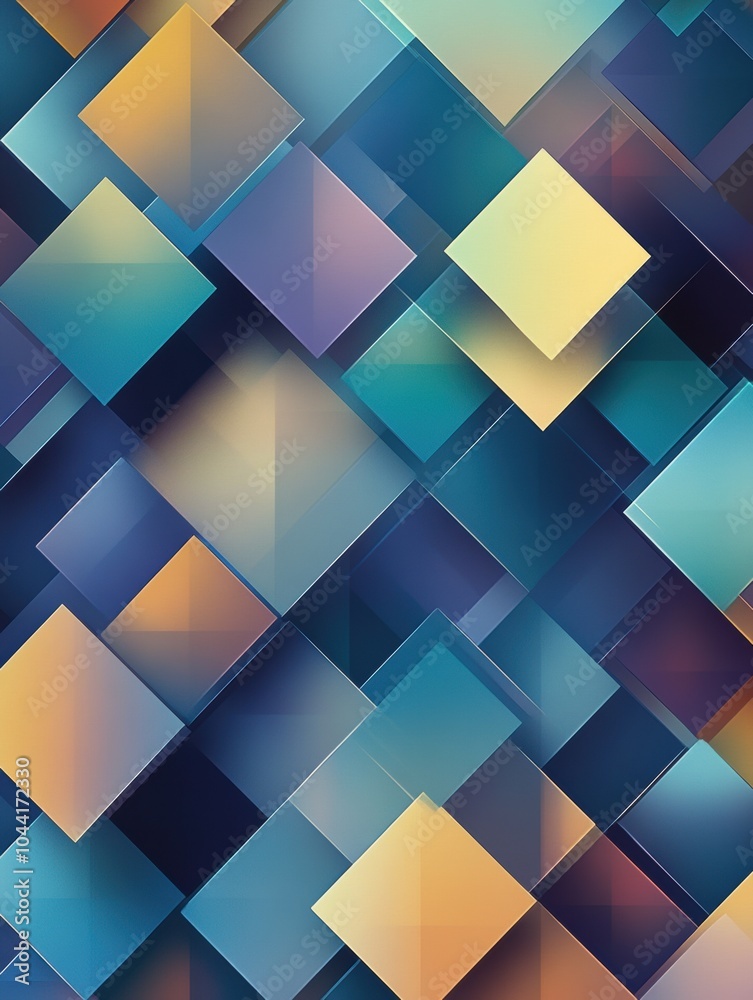 Aufkleber The artwork showcases an array of geometric shapes, including squares and rhombuses in shades of blue, creating a dynamic composition. Generative AI