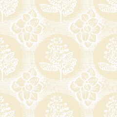 Modern white on cream lace effect wedding background texture. Soft tonal linen openwork block print with subtle hand drawn lattice damask printed fabric backdrop. 