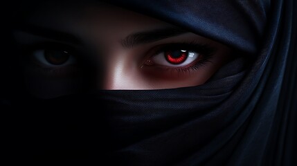 Naklejka premium A close-up of a woman's eyes with red pupils, peeking from under a black headscarf.