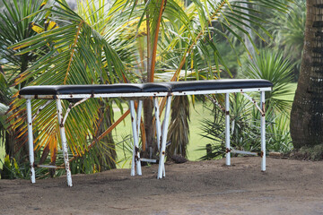 Stationary massage table in a tropical garden surrounded by lush palm trees, during bright daylight